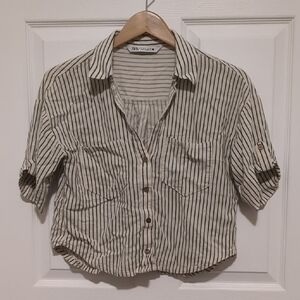Zara Green Striped Button-Up Shirt Linen Blend size Small
